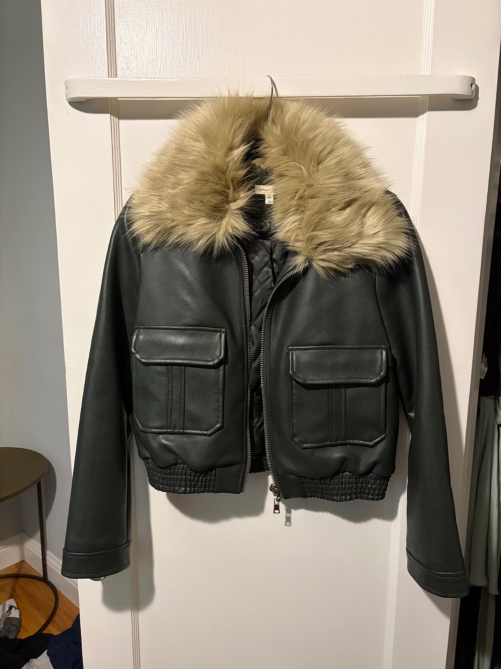 Faux Leather Bomber Jacket with Faux Fur Collar by Silence+Noise UO- Olive Green